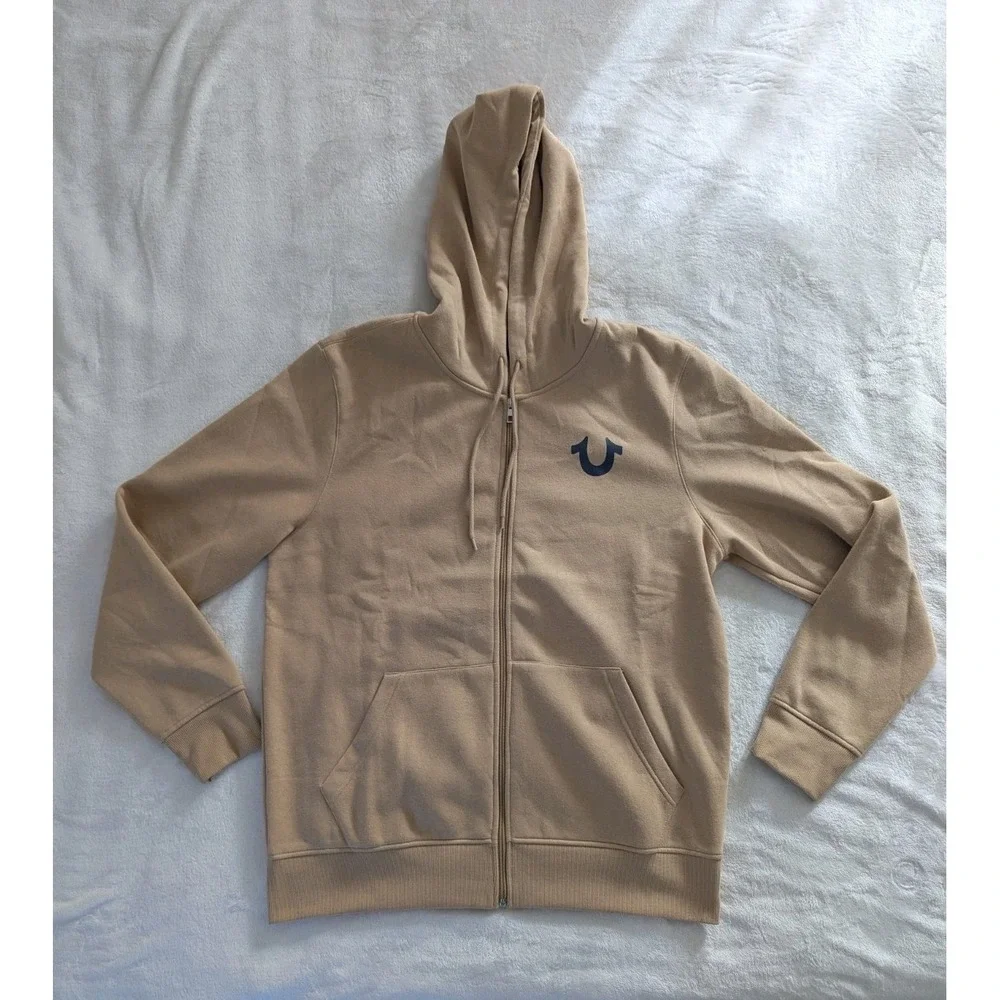 True Religion Retro Stud Zip Hoodie Travertine Tan Graphic XL Streetwear Casual
